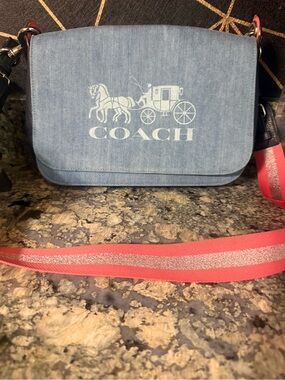 Coach Light Blue Denim Crossbody with Pink Webbed Strap